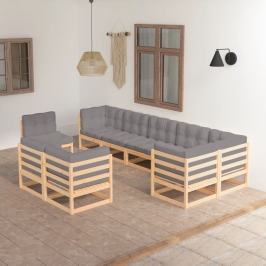 Juego de muebles de jardín 9 pzas y cojines madera maciza pino