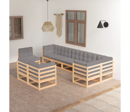 Juego de muebles de jardín 9 pzas y cojines madera maciza pino