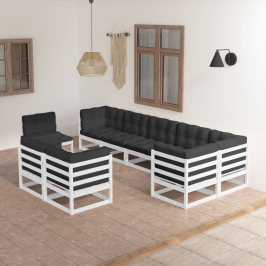 Juego de muebles de jardín 9 pzas y cojines madera maciza pino