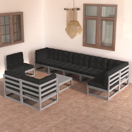 Juego de muebles de jardín 10 pzas y cojines madera maciza pino