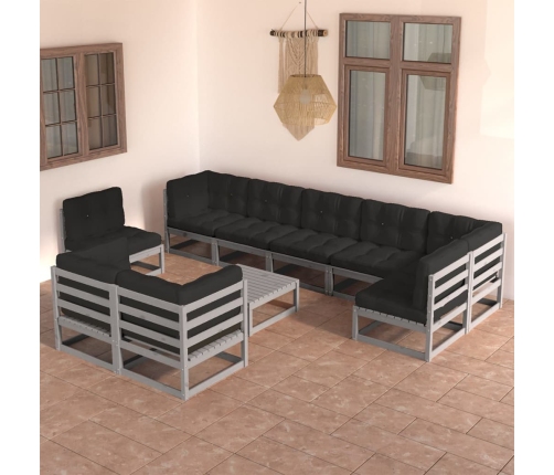 Juego de muebles de jardín 10 pzas y cojines madera maciza pino