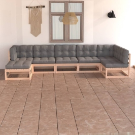 Juego de muebles de jardín 7 pzas y cojines madera maciza pino