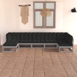 Juego de muebles de jardín 7 pzas y cojines madera maciza pino