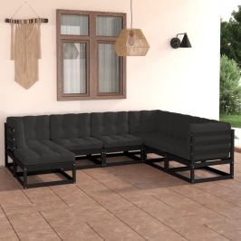 Juego de muebles de jardín 7 pzas y cojines madera maciza pino