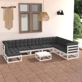 Juego de muebles de jardín 9 pzas y cojines madera maciza pino