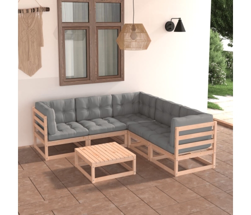 Juego de muebles de jardín 6 pzas y cojines madera maciza pino