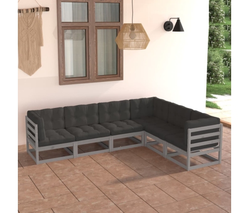 Juego de muebles de jardín 6 pzas y cojines madera maciza pino