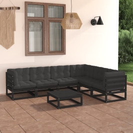 Set de muebles de jardín 7 pzas con cojines madera pino negro