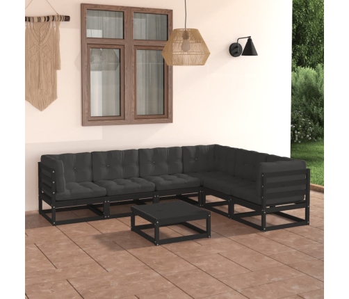 Set de muebles de jardín 7 pzas con cojines madera pino negro