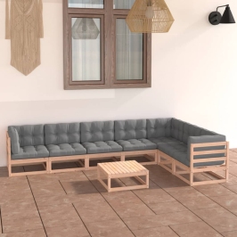 Muebles de jardín 8 pzas y cojines madera maciza pino