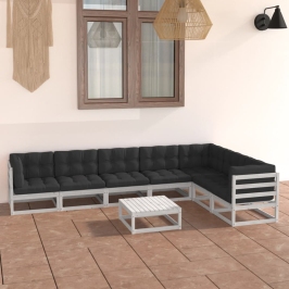 Set muebles jardín con cojines 8 pzas madera maciza pino blanco