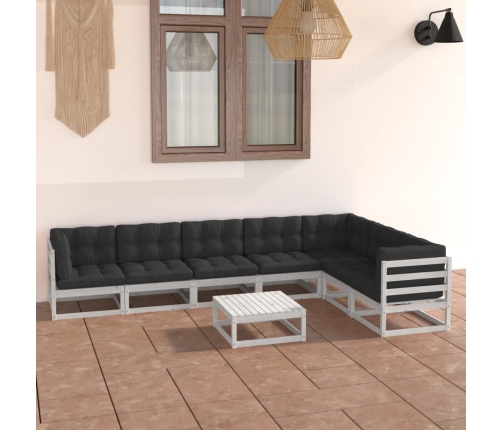 Set muebles jardín con cojines 8 pzas madera maciza pino blanco