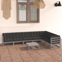 Set de muebles de jardín 8 pzas con cojines madera pino gris