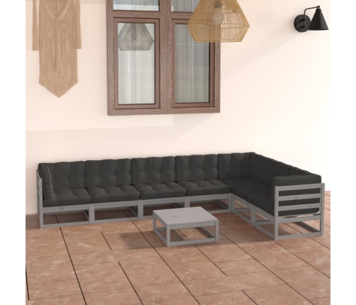 Set de muebles de jardín 8 pzas con cojines madera pino gris