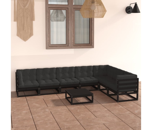 Set de muebles de jardín 8 pzas con cojines madera pino negro