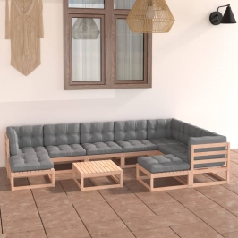 Juego de muebles de jardín 10 pzas y cojines madera maciza pino