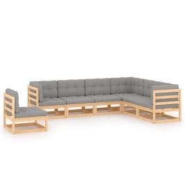 Juego de muebles de jardín 7 pzas y cojines madera maciza pino