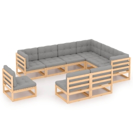 Juego de muebles de jardín 9 pzas y cojines madera maciza pino