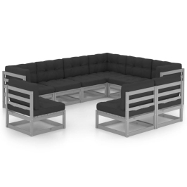 Set de muebles de jardín 9 pzas con cojines madera pino gris