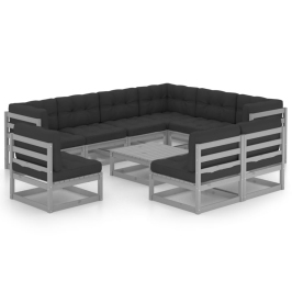 Set de muebles de jardín 10 pzas con cojines madera pino gris