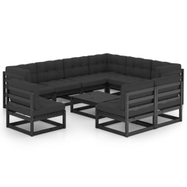 Set de muebles de jardín 10 pzas con cojines madera pino negro