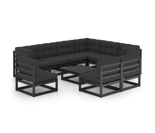 Set de muebles de jardín 10 pzas con cojines madera pino negro