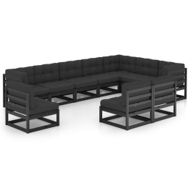Set de muebles de jardín 10 pzas con cojines madera pino negro