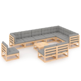 Juego de muebles de jardín 11 pzas y cojines madera maciza pino