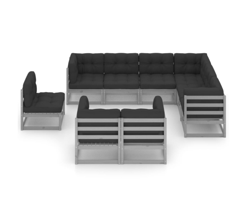 Set de muebles de jardín 9 pzas con cojines madera pino gris