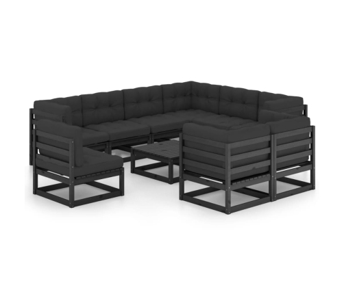 Set de muebles de jardín 10 pzas con cojines madera pino negro