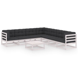 Set muebles jardín con cojines 8 pzas madera maciza pino blanco