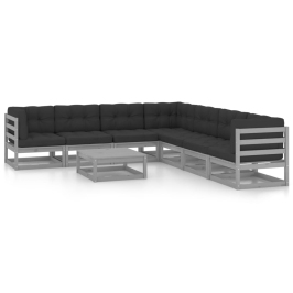 Set de muebles de jardín 8 pzas con cojines madera pino gris