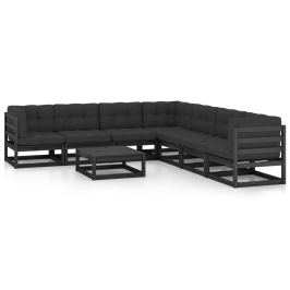 Set de muebles de jardín 8 pzas con cojines madera pino negro