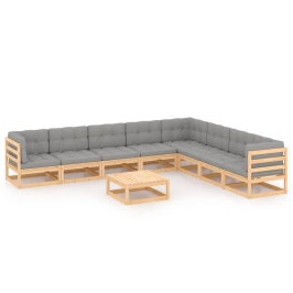 Juego de muebles de jardín 9 pzas y cojines madera maciza pino