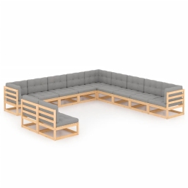 Juego de muebles de jardín 11 pzas y cojines madera maciza pino