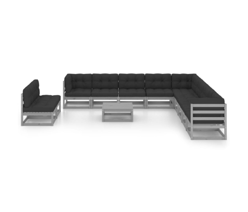 Set de muebles de jardín 12 pzas con cojines madera pino gris