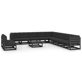 Set de muebles de jardín 12 pzas con cojines madera pino negro