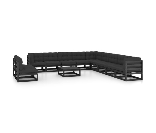 Set de muebles de jardín 12 pzas con cojines madera pino negro