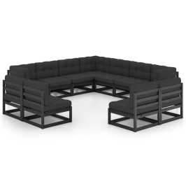Set de muebles de jardín 11 pzas con cojines madera pino negro