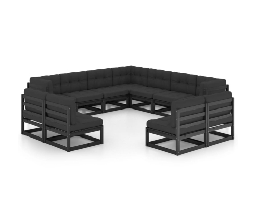 Set de muebles de jardín 11 pzas con cojines madera pino negro