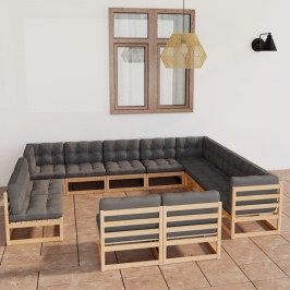Juego de muebles de jardín 12 pzas y cojines madera maciza pino