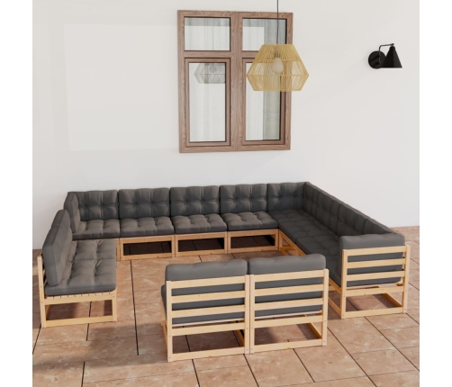 Juego de muebles de jardín 12 pzas y cojines madera maciza pino