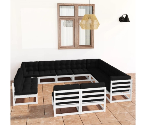 Set de muebles de jardín 12 pzas con cojines madera pino blanco
