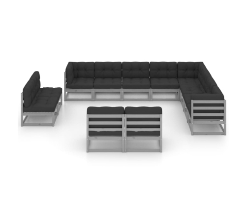 Set de muebles de jardín 12 pzas con cojines madera pino gris