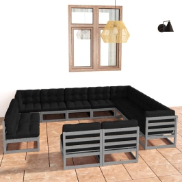 Set de muebles de jardín 12 pzas con cojines madera pino gris