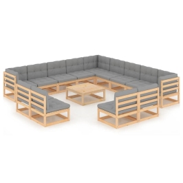 Juego de muebles de jardín 14 pzas y cojines madera maciza pino