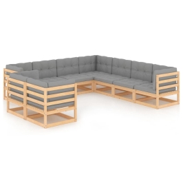 Juego de muebles de jardín 9 pzas y cojines madera maciza pino