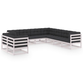 Set de muebles de jardín 9 pzas con cojines madera pino blanco