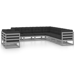 Set de muebles de jardín 9 pzas con cojines madera pino gris