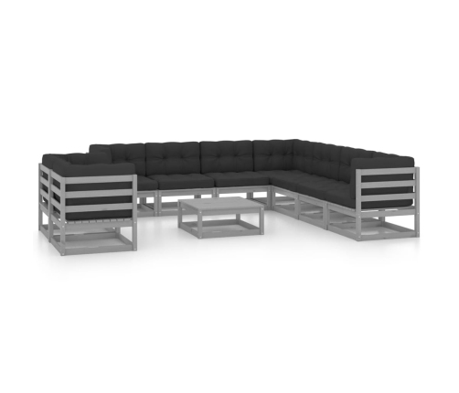 Set de muebles de jardín 10 pzas con cojines madera pino gris